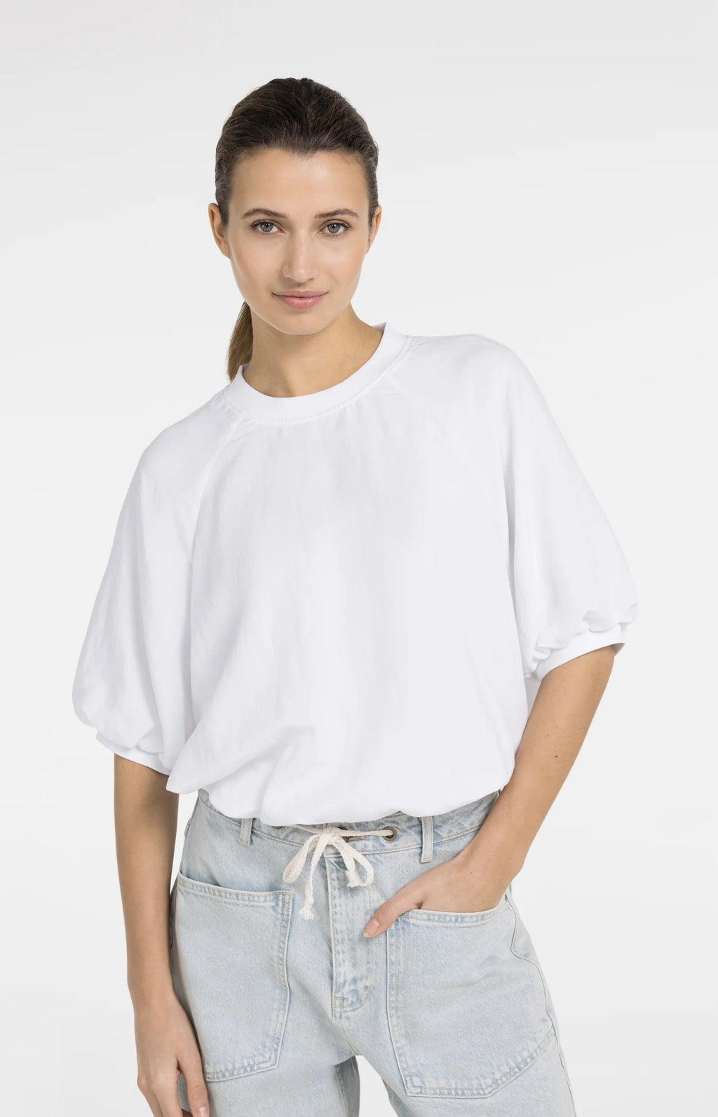 YAYA | Geweven T-Shirt Met Ballonmouwen En Rits Pure White