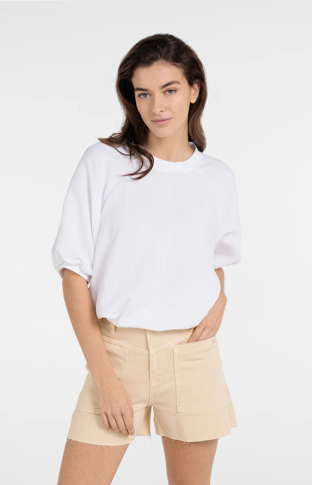 YAYA | Geweven T-Shirt Met Ballonmouwen En Rits Pure White