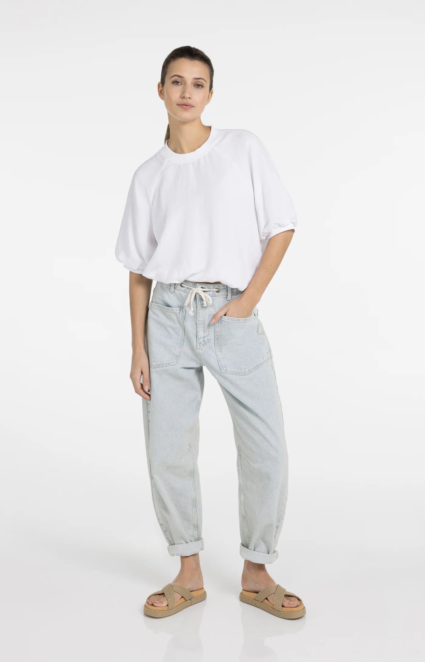 YAYA | Geweven T-Shirt Met Ballonmouwen En Rits Pure White