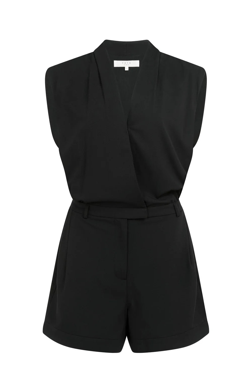 Yaya | Mouwloze Playsuit met Overslag-Effect Black