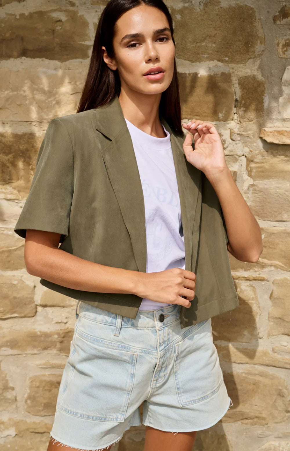 YAYA | Gewezen Blazer Met Korte Mouwen En Afritsbare Zoom Army Green