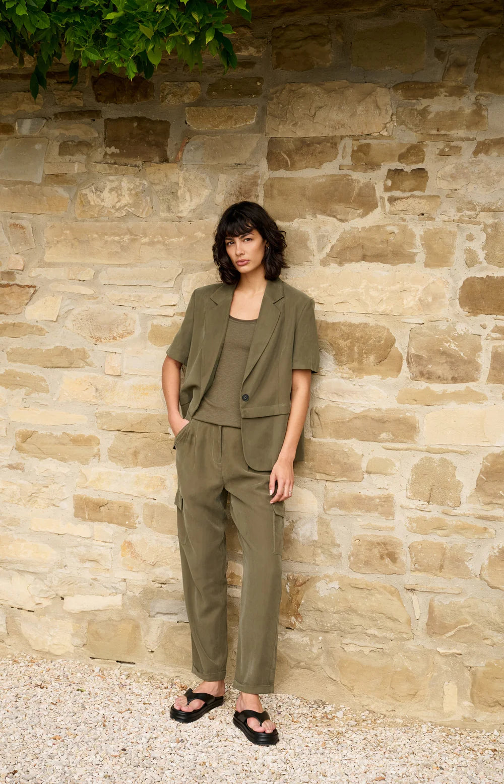 YAYA | Gewezen Blazer Met Korte Mouwen En Afritsbare Zoom Army Green