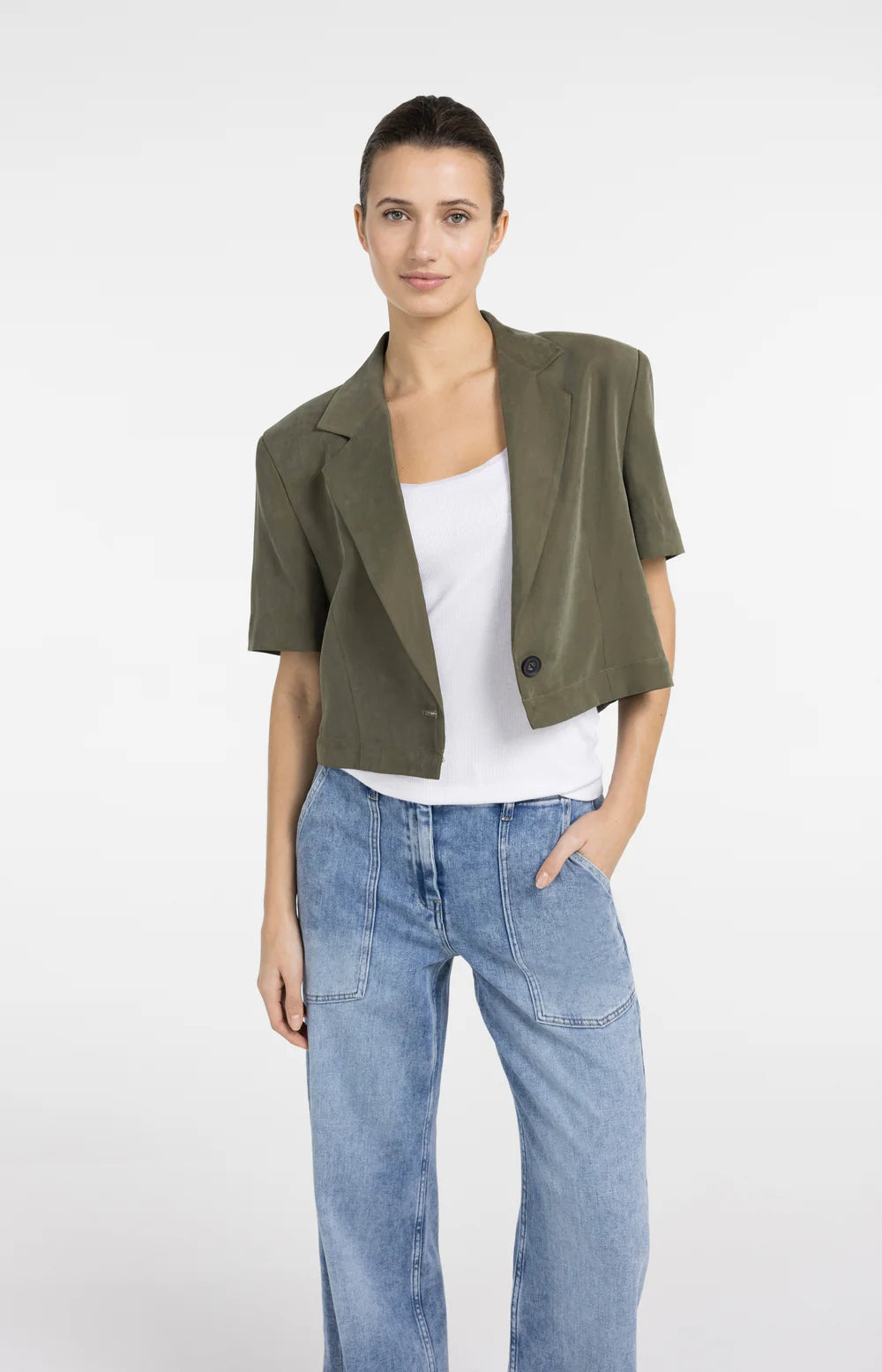 YAYA | Gewezen Blazer Met Korte Mouwen En Afritsbare Zoom Army Green