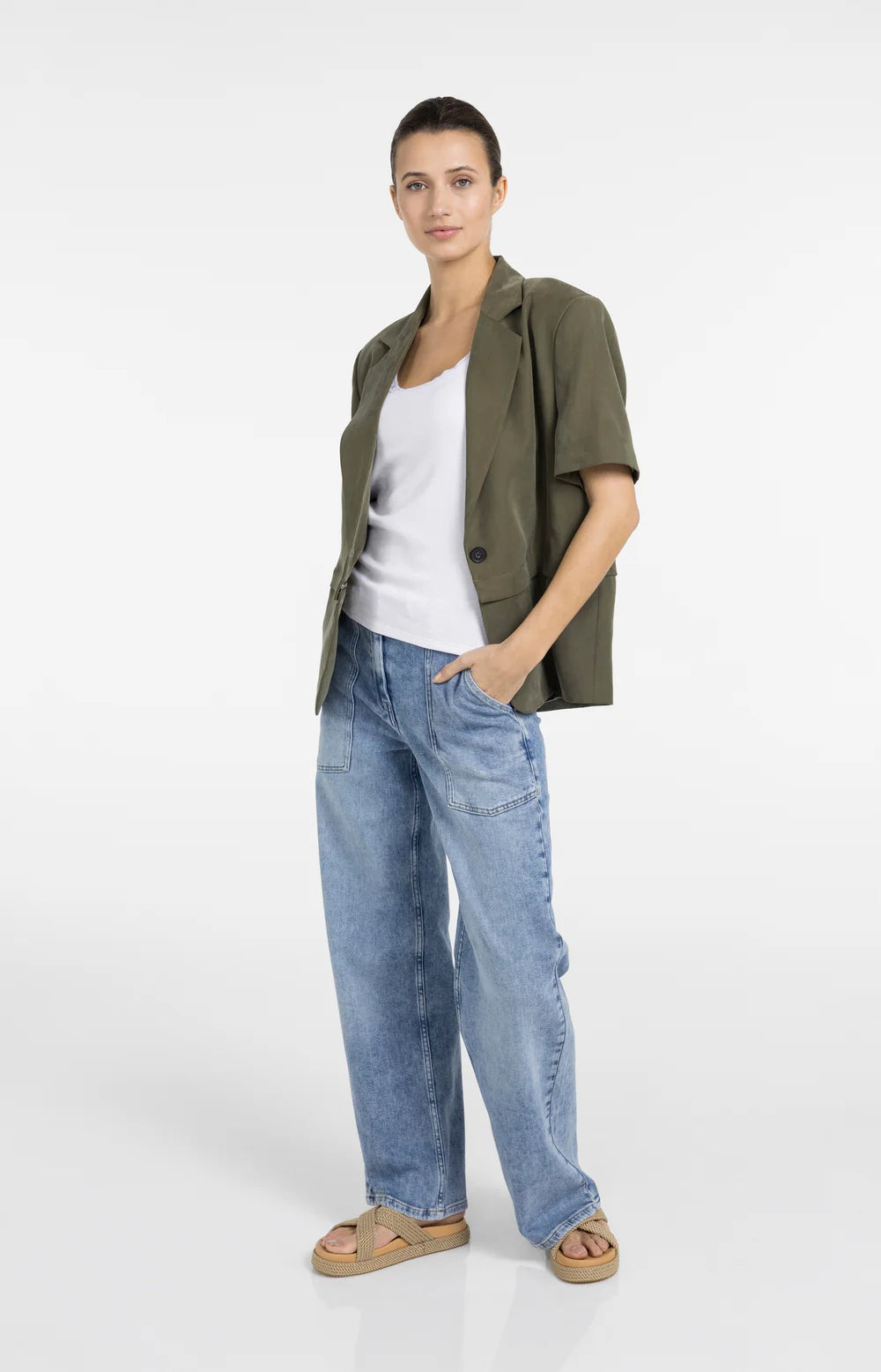 YAYA | Gewezen Blazer Met Korte Mouwen En Afritsbare Zoom Army Green