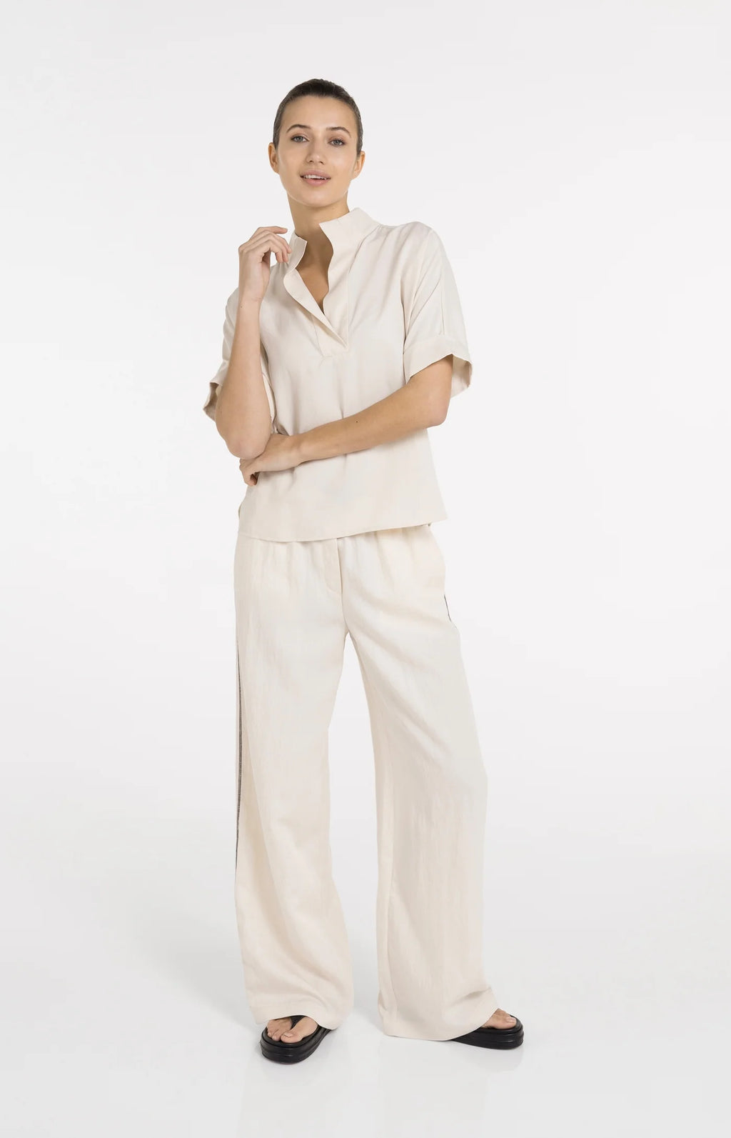 Yaya | Broek met Wijde Pijpen en Contrasterend Stiksel L32 Cloud Creme White