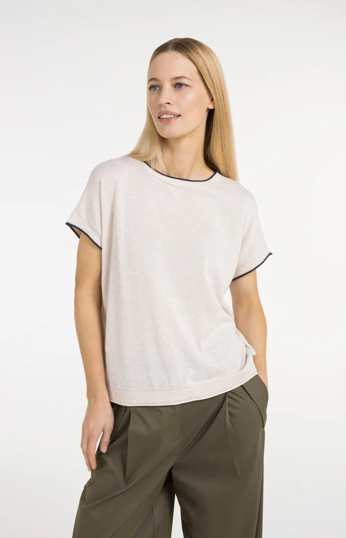 Yaya | Gebreide Top met Korte Mouwen en Omgeslagen Randen Cloud Creme White Melange