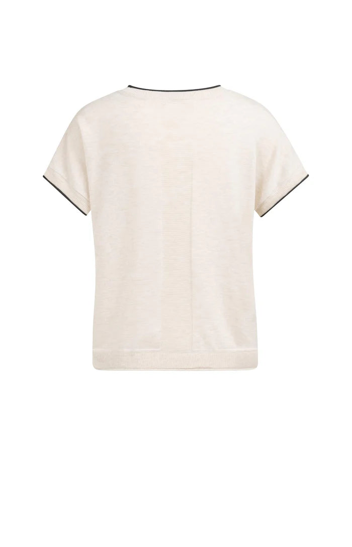 Yaya | Gebreide Top met Korte Mouwen en Omgeslagen Randen Cloud Creme White Melange