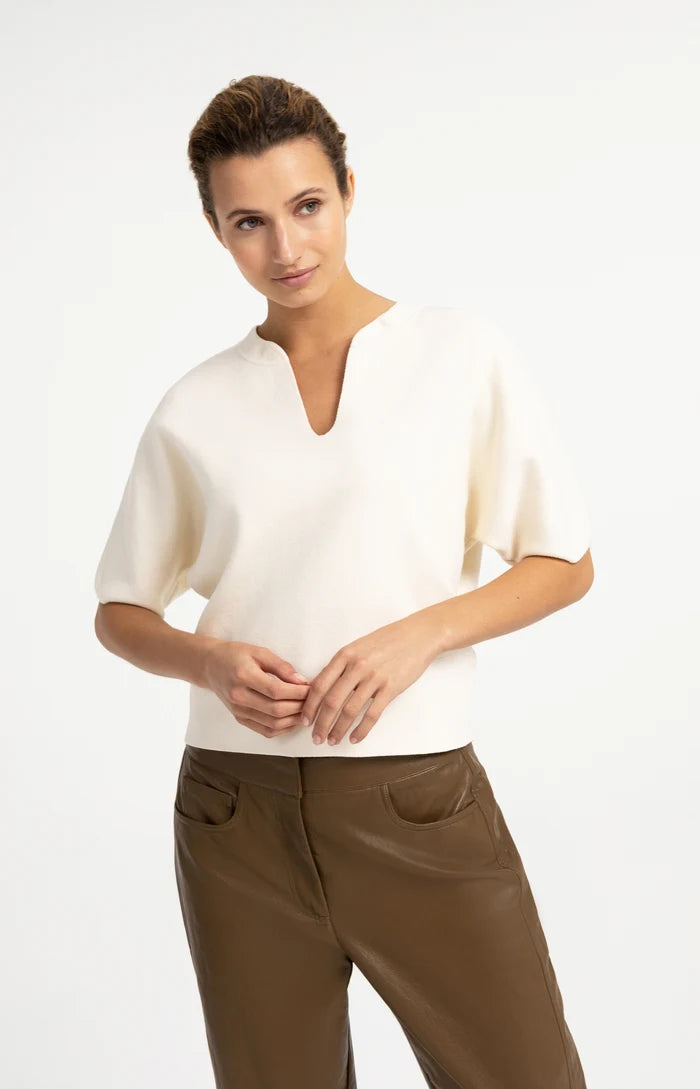 YAYA | Gebreide Top met Bomberkraag en Korte Mouwen Off White