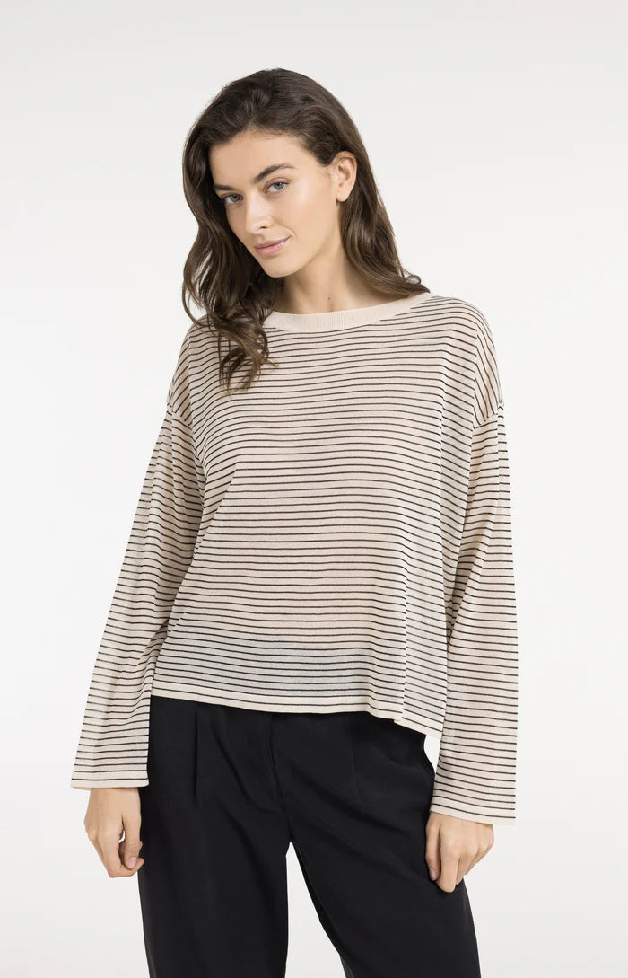Yaya | Fijngebreide Gestreepte Trui met Lichte Transparantie Creme Beige Dessin