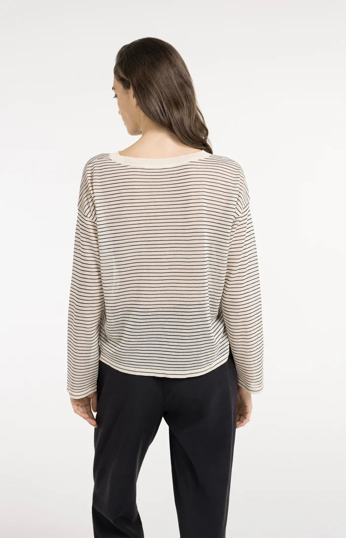 Yaya | Fijngebreide Gestreepte Trui met Lichte Transparantie Creme Beige Dessin