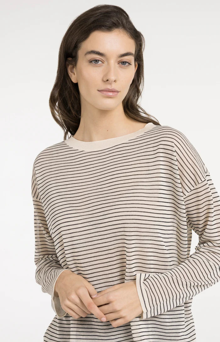Yaya | Fijngebreide Gestreepte Trui met Lichte Transparantie Creme Beige Dessin