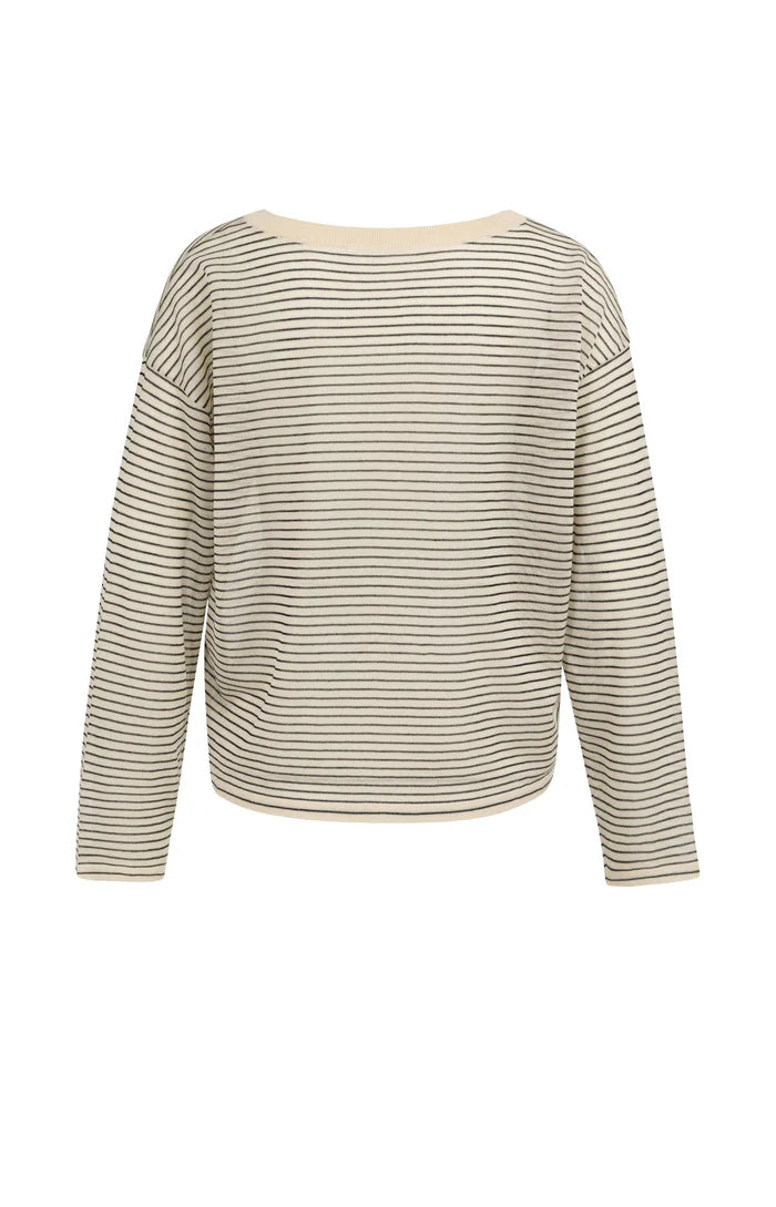Yaya | Fijngebreide Gestreepte Trui met Lichte Transparantie Creme Beige Dessin