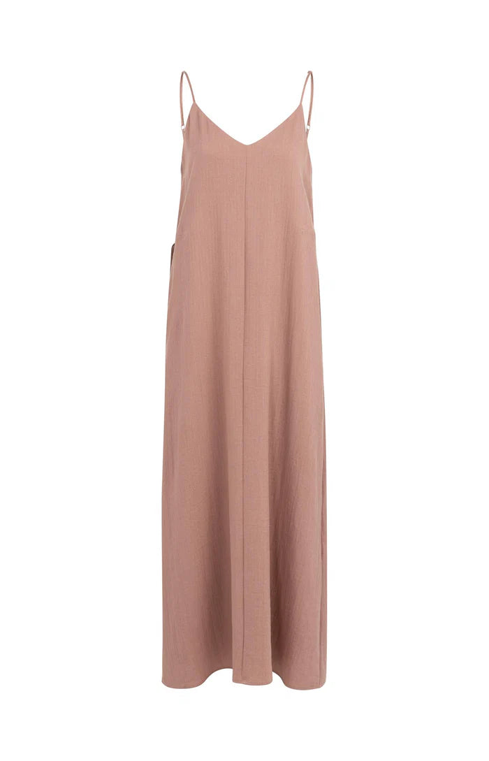 Yaya | Lange Jurk met Spaghettibandjes en Strikdetail Burlwood Pink