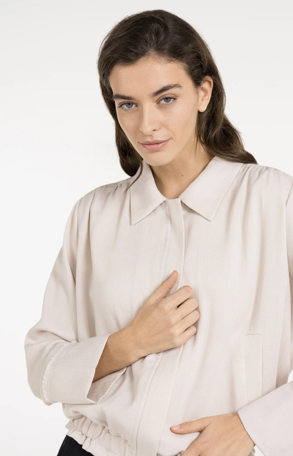 Yaya | Linnen Blousejack met Kraag en Elastische Zoom Cloud Creme White