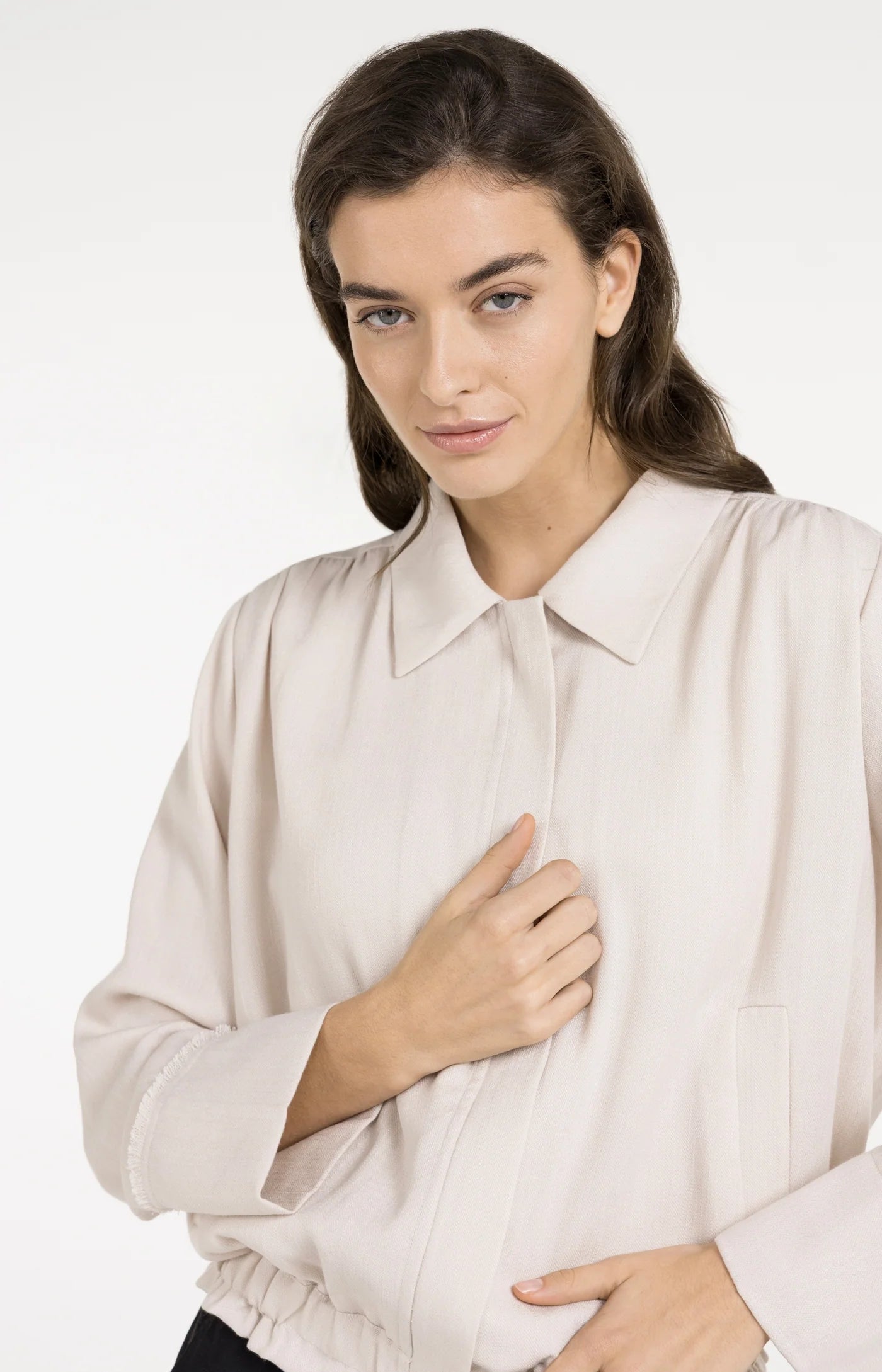 Yaya | Linnen Blousejack met Kraag en Elastische Zoom Cloud Creme White
