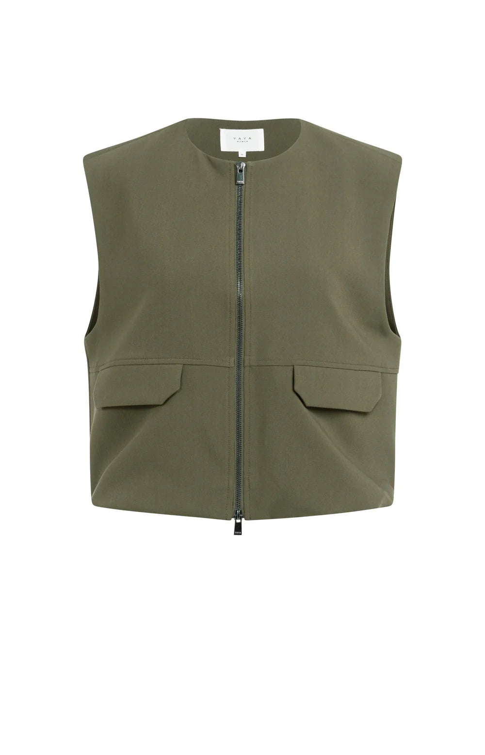 YAYA | Mouwloos Geweven Jasje Met Ballonvormige Zoom Army Green