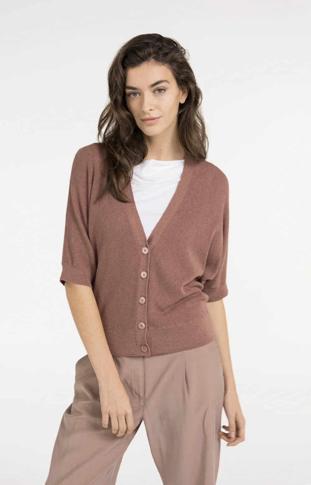 Yaya | Vest met Korte Vleermuismouwen en Knoopsluiting Burlwood Pink Melange