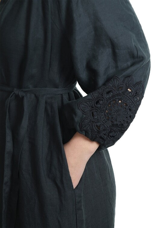 Greek Archaic Kori | Dress short cut daisy long sleeves - Charcoal/Black - 230308
