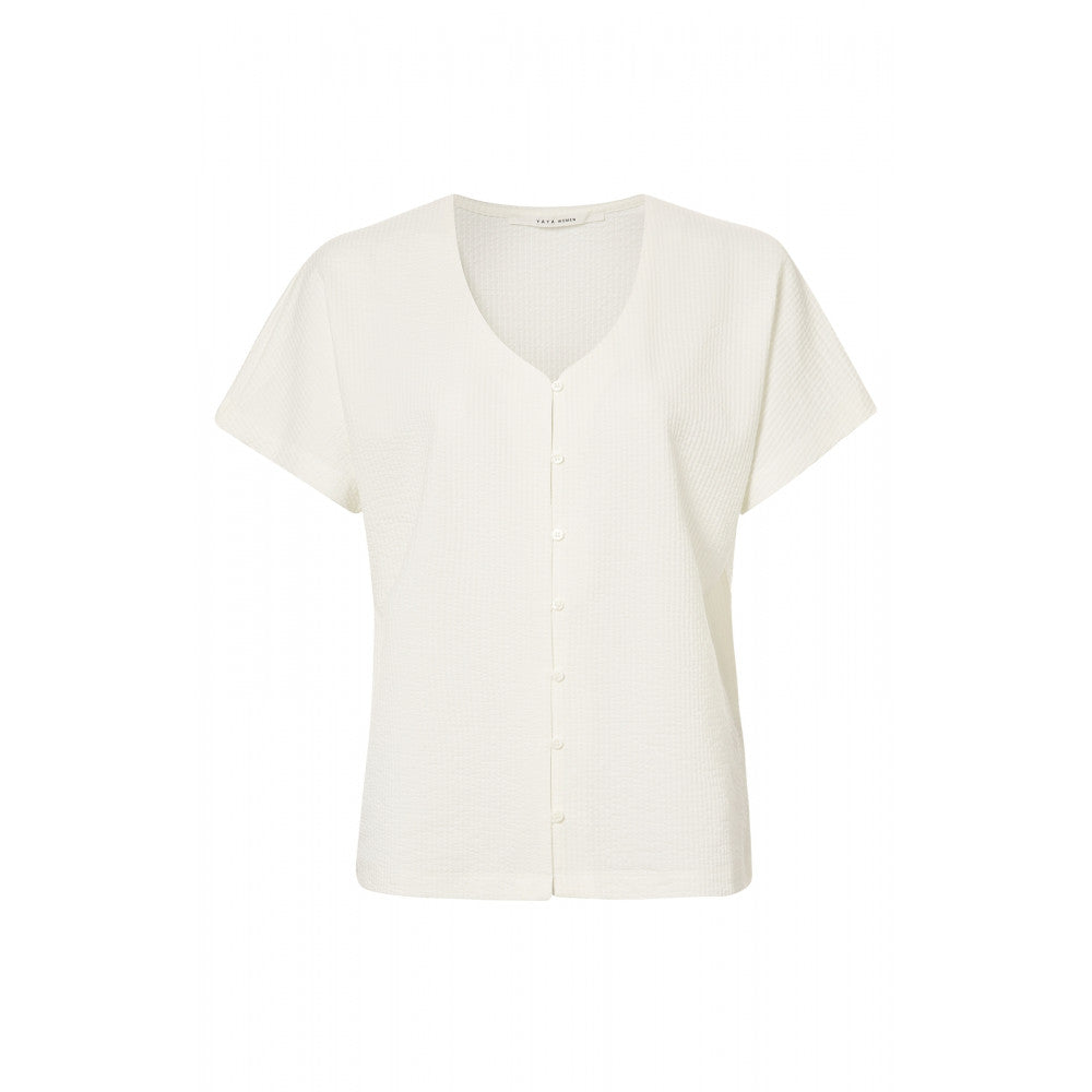 YAYA | V-hals top met korte mouwen, een knoopsluiting en ribsteek